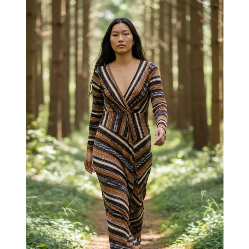 Anthropologie Striped Midi Dress in Brown, Black, Cream